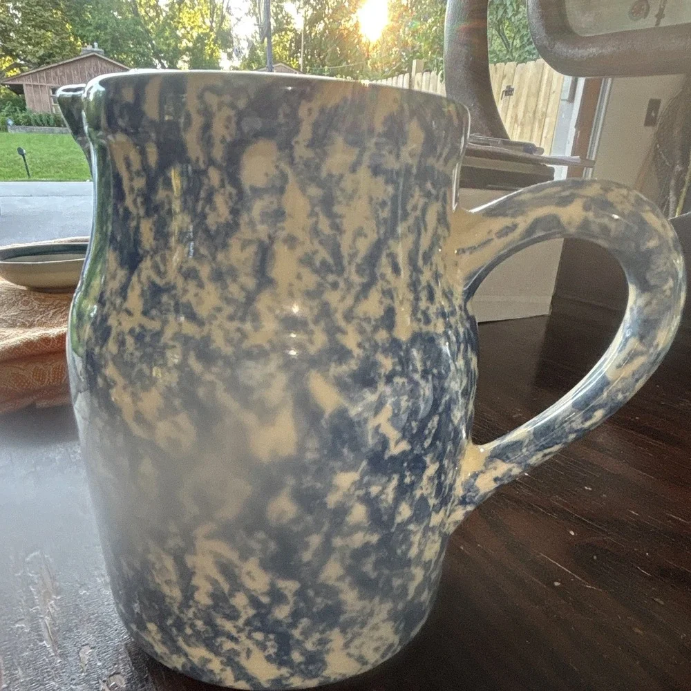 Vintage Robinson Ransbottom Blue & White Spongeware Ceramic Pitcher w/ Handle